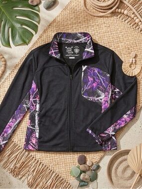 MUDDY GIRL MOONSHINE  Camo Zip-Up Jacket – Black & Purple Athletic Outdoor Wear
